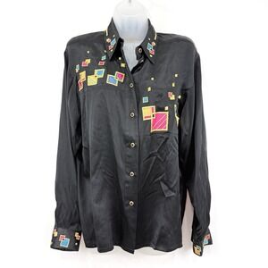 Gary Fabrikant Top Womens 10 Black Geometric VTG Artsy 100% Silk Western Country